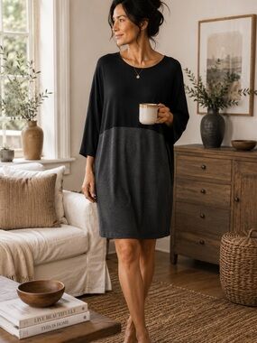 Eileen Fisher Colorblock Dress XL Black Grey Minimalist Lagenlook Midi